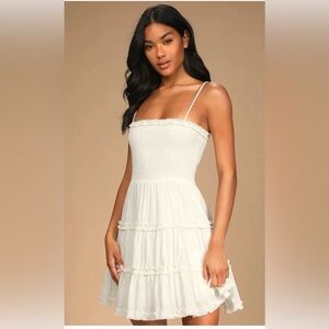 Smocked White Tiered Mini Dress. Size Small.